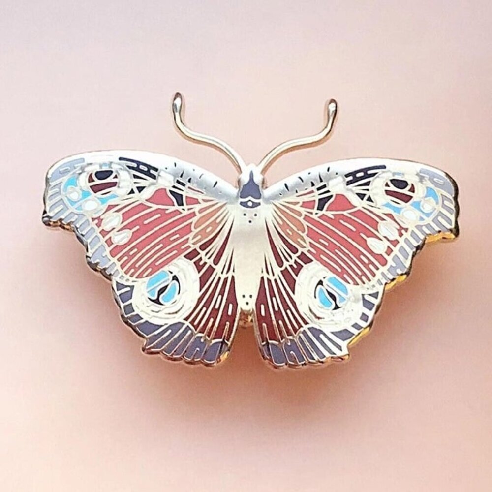 European Peacock Butterfly Enamel Pin - Gold‎ Plated Nature Jewelry & Brooch